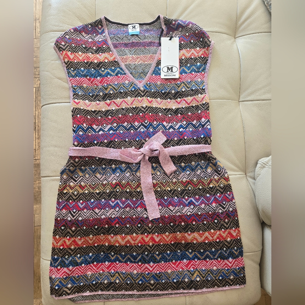 M Missoni Multicolor Metallic Knit Top with Pink Belt NWT Size 38 (XS/S)